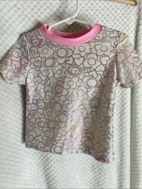 Floatimini White Short Sleeve Rashguard style swim top Pink Trim Floral Print
